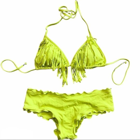 LIME Green Fringe Scrunched Bum Bikini Size Small - Picture 1 of 5
